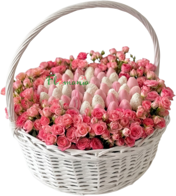 Корзинка с кустовыми розами и клубникой в шоколаде «Драгоценные моменты»